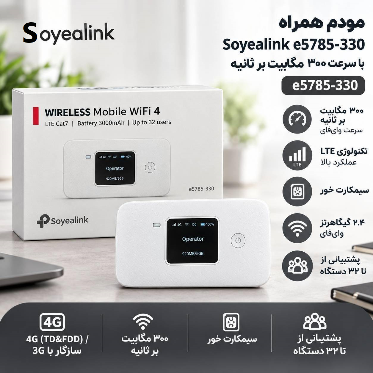 مودم جیبی دو بانده SoyeaLink 4G Plus مدل E5785-330 - سفید (Unlock و پشتیبانی سیمکارت TD-LTE)