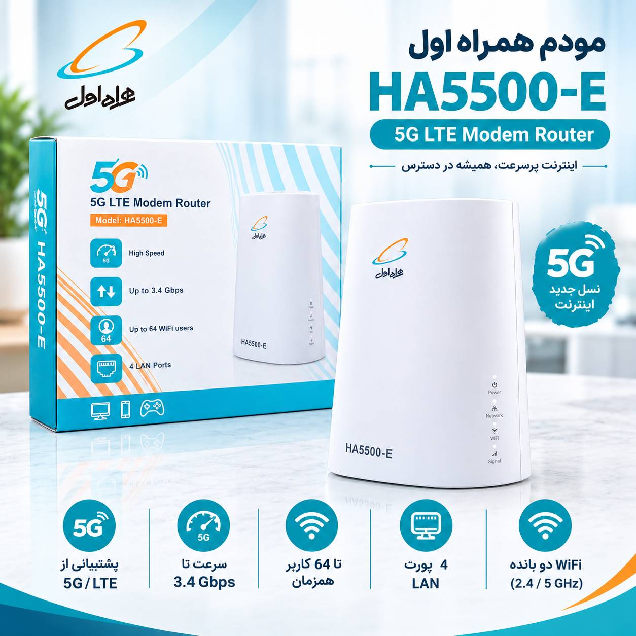 مودم رومیزی همراه اول مدل HA5500-E 5G LTE - سفید (گارانتی یکساله همراه اول)